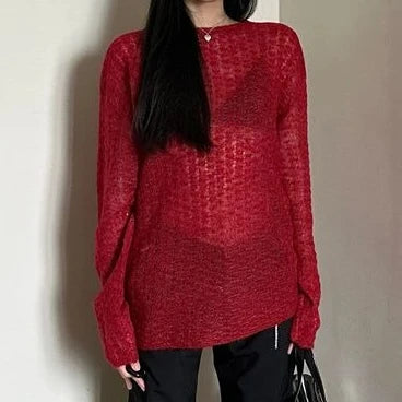Y2K See-Through Knitted Women's T-Shirt, Vintage Cross Backless Sexy Loose Top