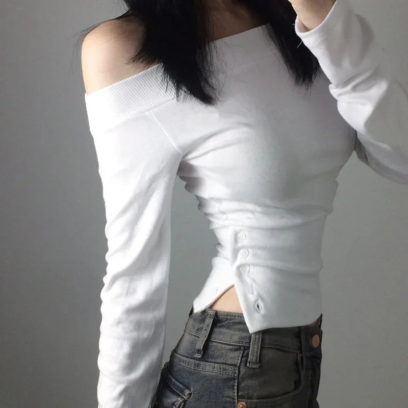 Y2K Vintage Pleated Button T-Shirt for Women, Sexy Skew Collar Slim Fit Top, Harajuku Streetwear