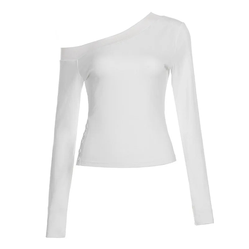 Y2K Vintage Pleated Button T-Shirt for Women, Sexy Skew Collar Slim Fit Top, Harajuku Streetwear