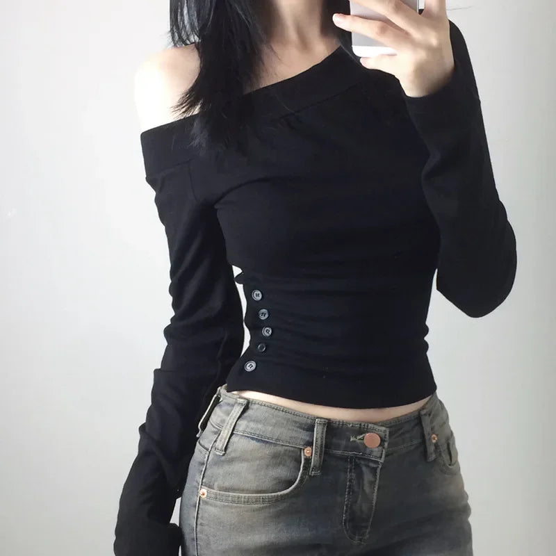 Y2K Vintage Pleated Button T-Shirt for Women, Sexy Skew Collar Slim Fit Top, Harajuku Streetwear