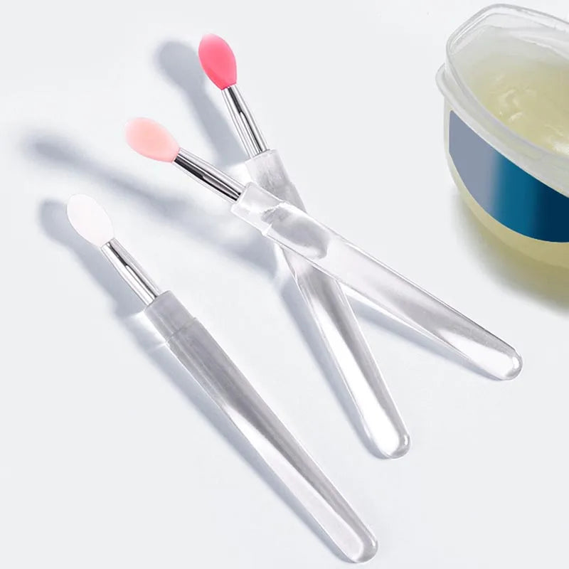 3pcs Portable Mini Silicone Lip Brush with Cap Reusable Clear Handle Lip Applicator for Lipstick & Lip Gloss Cute Makeup Tool