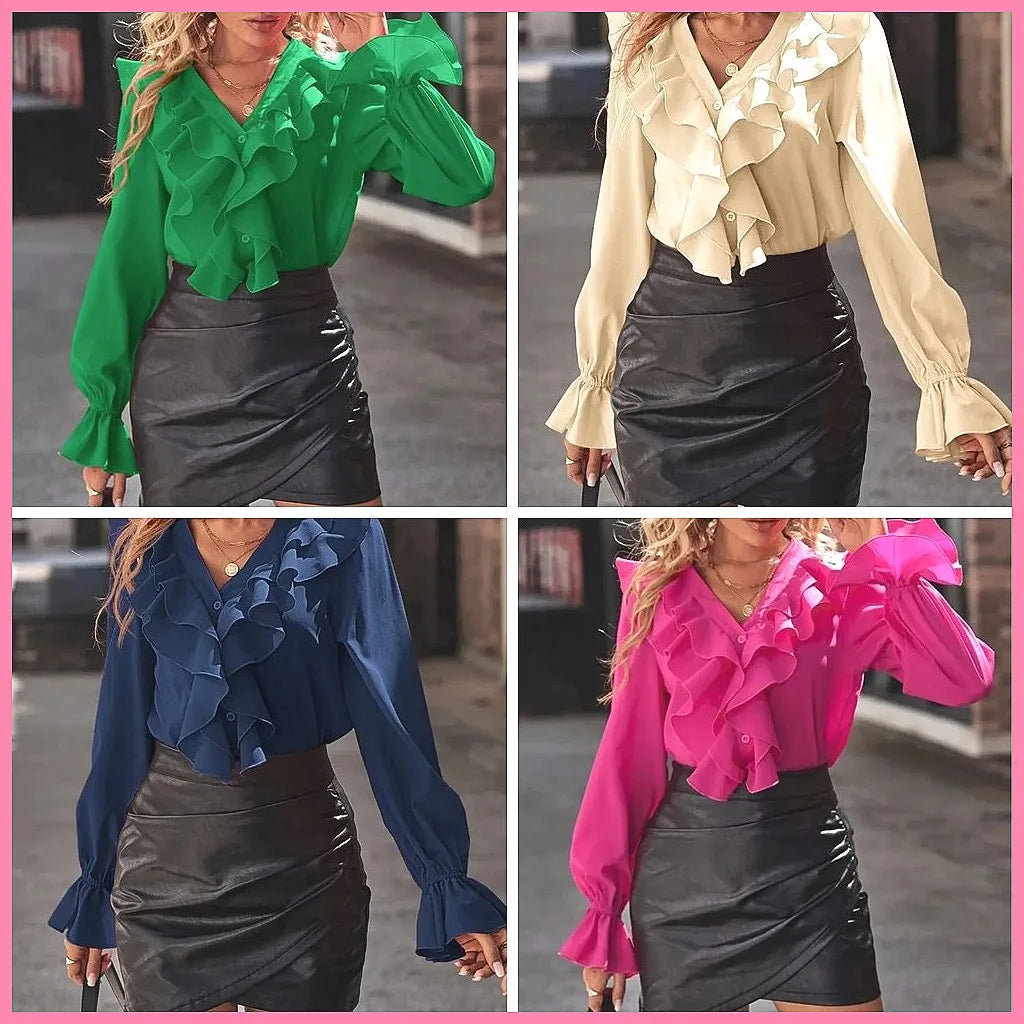 2025 Fashion V-Neck Ruffle Flare Sleeve Elegant Blouse for Women - Autumn Solid Color Tops (Characters: 78)