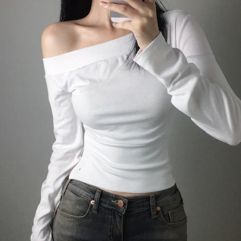 Y2K Vintage Pleated Button T-Shirt for Women, Sexy Skew Collar Slim Fit Top, Harajuku Streetwear