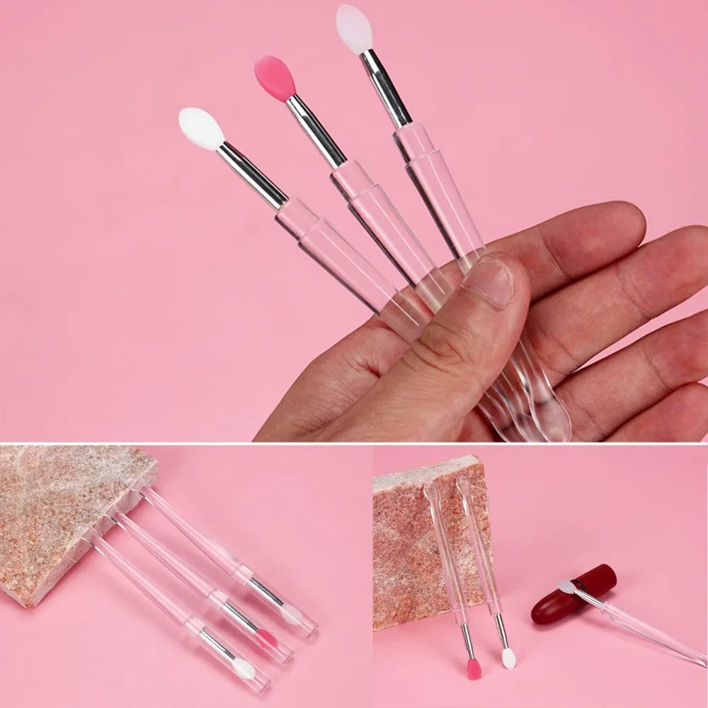 3-Piece Mini Lip Brush Set with Caps, Reusable Silicone Lipstick Applicators