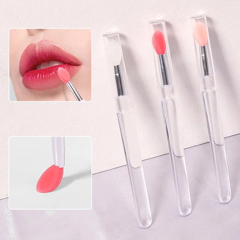 3pcs Portable Mini Silicone Lip Brush with Cap Reusable Clear Handle Lip Applicator for Lipstick & Lip Gloss Cute Makeup Tool