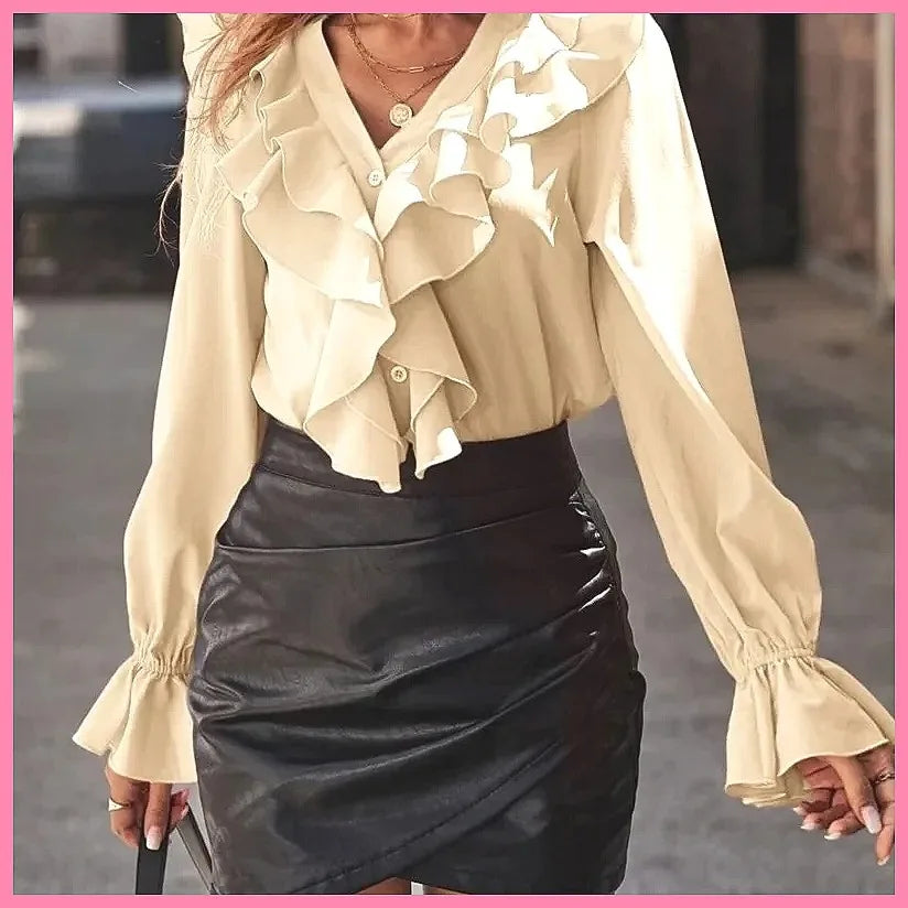 2025 Fashion V-Neck Ruffle Flare Sleeve Elegant Blouse for Women - Autumn Solid Color Tops (Characters: 78)