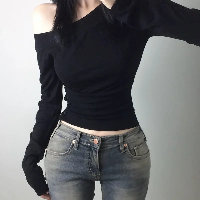 Y2K Vintage Pleated Button T-Shirt for Women, Sexy Skew Collar Slim Fit Top, Harajuku Streetwear