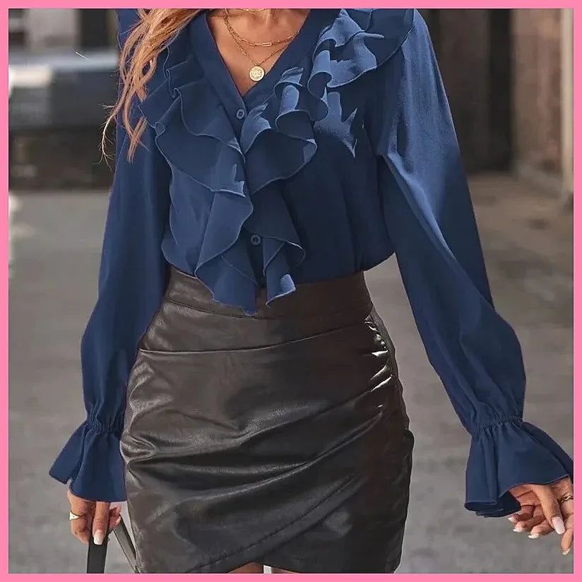 2025 Fashion V-Neck Ruffle Flare Sleeve Elegant Blouse for Women - Autumn Solid Color Tops (Characters: 78)