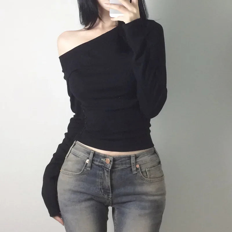 Y2K Vintage Pleated Button T-Shirt for Women, Sexy Skew Collar Slim Fit Top, Harajuku Streetwear
