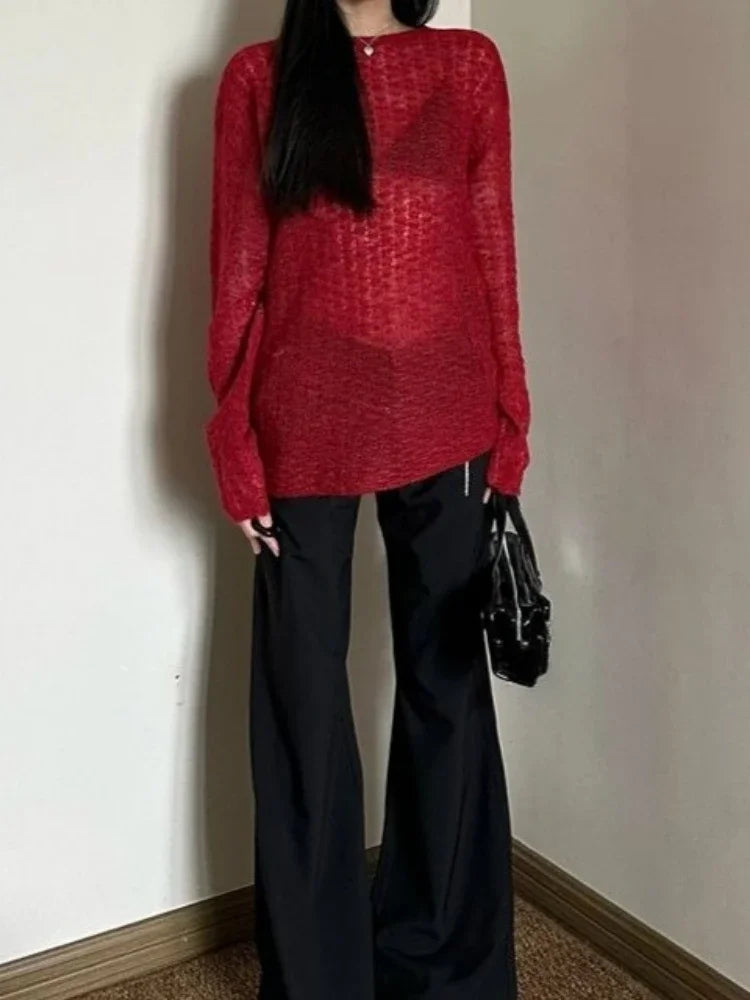 Y2K See-Through Knitted Women's T-Shirt, Vintage Cross Backless Sexy Loose Top