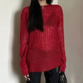 Y2K See-Through Knitted Women's T-Shirt, Vintage Cross Backless Sexy Loose Top
