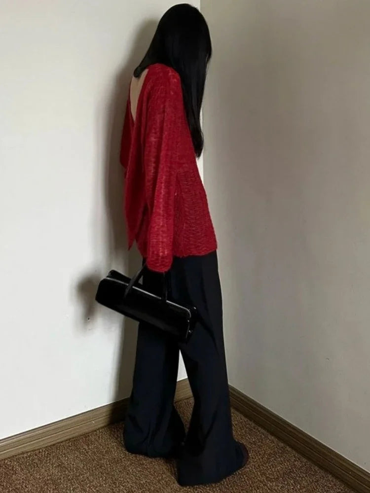 Y2K See-Through Knitted Women's T-Shirt, Vintage Cross Backless Sexy Loose Top