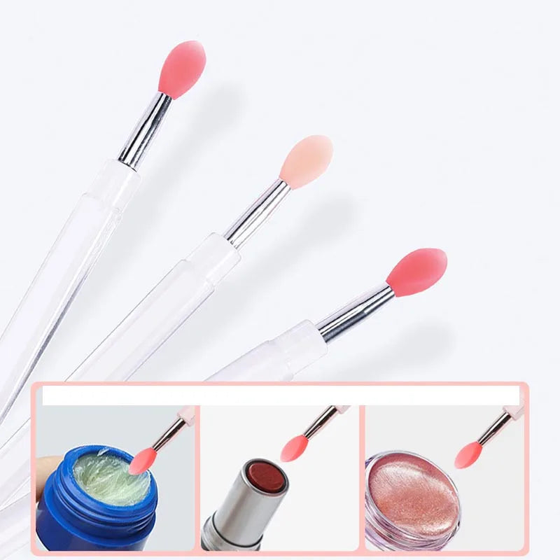 3pcs Portable Mini Silicone Lip Brush with Cap Reusable Clear Handle Lip Applicator for Lipstick & Lip Gloss Cute Makeup Tool